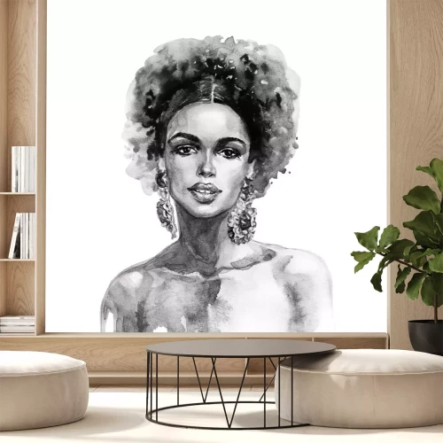 Sticker Watercolor beauty african woman. Painting fashion illustration. Hand drawn portrait of pretty girl on white background