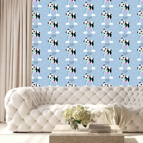 Tapete Bambusbären auf bunten Regenbögen