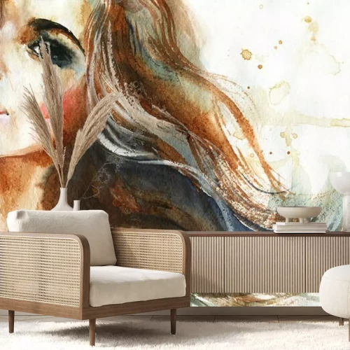 Sticker Watercolor beauty young woman. Hand drawn portrait of girl. Painting fashion illustration on white background