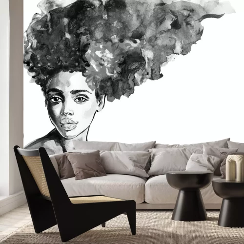 Sticker Watercolor beauty african woman. Painting fashion illustration. Hand drawn portrait of pretty girl on white background