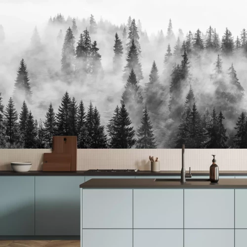 Fototapete Wald im Nebel, schwarz-weiß Landschaft