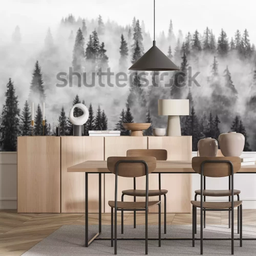 Fototapete Wald im Nebel, schwarz-weiß Landschaft