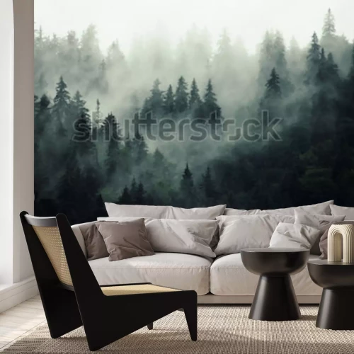 Fototapete Nebliger Wald mit Tannenbäumen