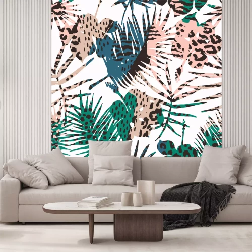 Sticker Modisches nahtloses exotisches Muster mit Palme, Tierdrucken und Hand gezeichneten Beschaffenheiten. Vektor-Illustration Moderner abstrakter Entwurf für Papier, Tapete, Abdeckung, Gewebe, Innendekor u