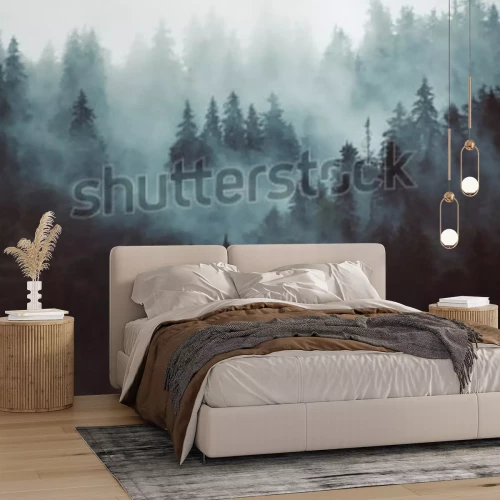 Sticker Neblige Landschaft mit Tannen im Retro-Hipster-Stil