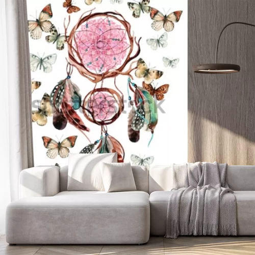 Sticker Traumfänger mit Federn und Mandala. Ethnischer Dreamcatcher und Schmetterling des Aquarells lokalisiert auf weißem Hintergrund. Handgemalte Abbildung für Ihre Auslegung