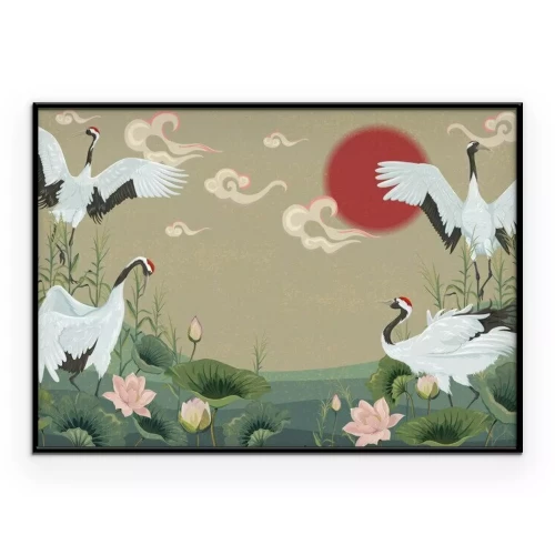 Poster Japanische Landschaft mit Kranichen
