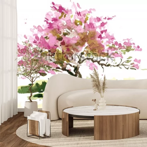 Sticker Kirschblüten-Baumzeichnung durch Aquarell, Aquarellskizze des blühenden Apfels blüht und malt Garten, Hand gezeichneter vektorkunsthintergrund