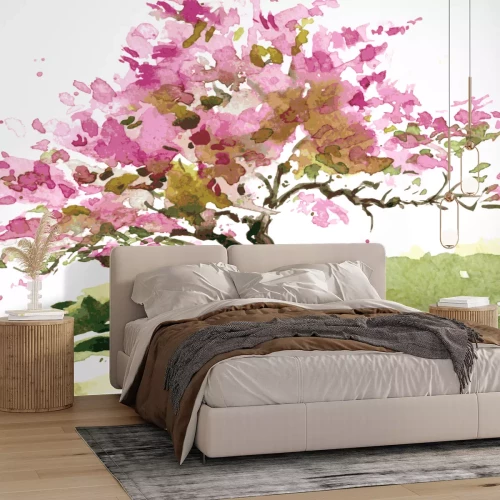 Sticker Kirschblüten-Baumzeichnung durch Aquarell, Aquarellskizze des blühenden Apfels blüht und malt Garten, Hand gezeichneter vektorkunsthintergrund