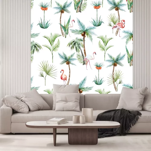 Fototapete Weißes tropisches Motiv mit Flamingos