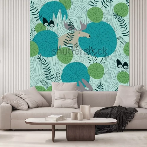 Sticker Beinhaltet Waldhintergrund mit niedlichen Waldpflanzen, Lachs, Hase und Pilzen im Cartoon-Design