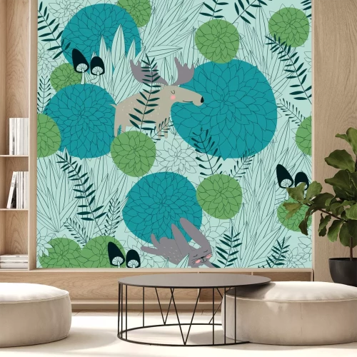 Sticker Beinhaltet Waldhintergrund mit niedlichen Waldpflanzen, Lachs, Hase und Pilzen im Cartoon-Design