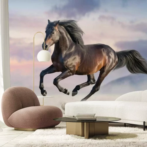 Fototapete Galoppierendes dunkles Pferd in der Wüste vor unscharfem Hintergrund