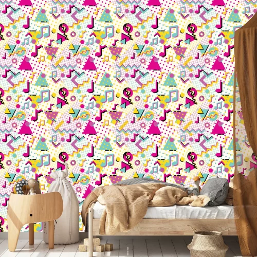 Tapete Buntes nahtloses Muster des abstrakten 80er-Jahre-Stils mit Noten