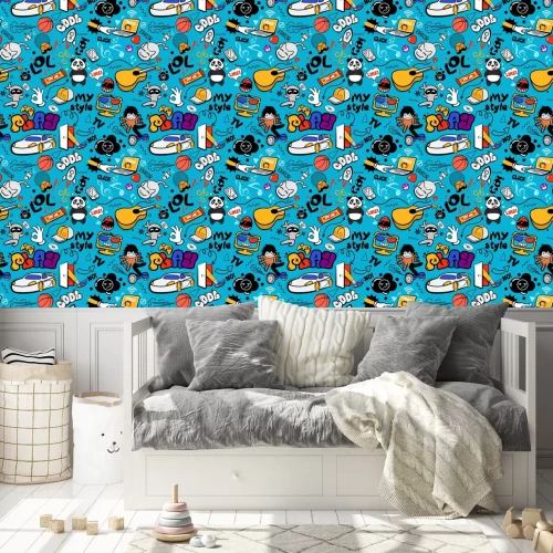 Tapete Bunte Schrift und Tiere im Graffiti-Stil