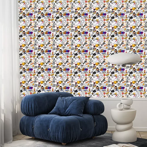 Tapete Vector graffiti seamless texture with bizarre elements and characters with social media signs and other shiny icons. Print fabric vector pattern with pop art patches for print, children's room. 