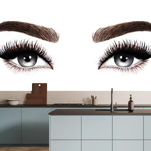 Sticker Woman eyes with long eyelashes. Hand drawn watercolor illustration. Eyelashes and eyebrows. Design for eyelash extensions, microblading, mascara, beauty salon, cosmetics, makeup artist. Black eyes.