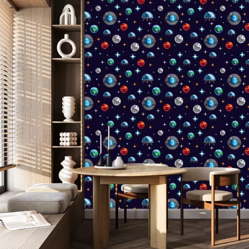 Tapete Pixel design of seamless background with colorful planets and spacecraft