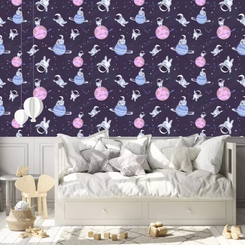 Tapete Sweet space seamless pattern with fantasy chocolate cookie, candy, donut, caramel sweets planets and astronaut. Editable vector illustration