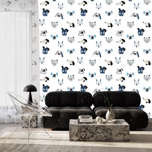 Tapete Kindliches nahtloses Muster mit lustigen kreativen Hundegesichtern. Trendiger skandinavischer Vektorhintergrund. Perfekt für Kinderbekleidung, Stoff, Textilien, Kinderzimmerdekoration, Geschenkpapier