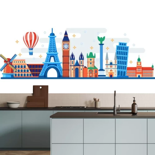 Sticker Famous travel and touristic landmarks. Vector flat illustration. World travel concept. Horizontal banner, poster design