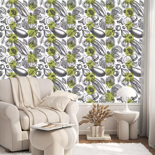 Tapete Skizziertes Gemüse auf einem Hintergrund in geometrischen Formen