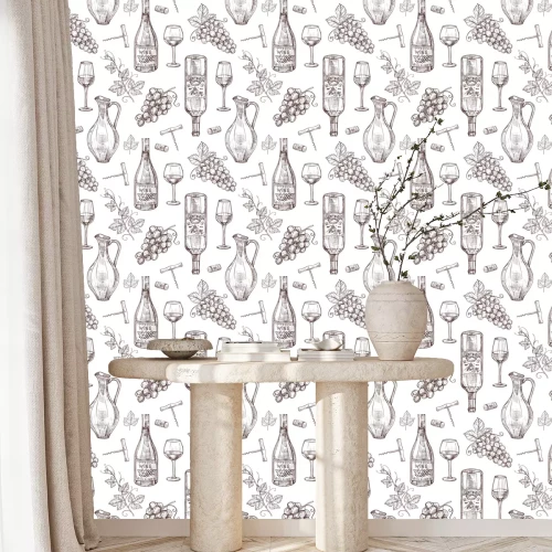 Tapete Sketch wine seamless pattern. Wine bottles wineglass corkscrew and grape. Winery, restaurant vector menu texture. Illustration of alcohol drink wine, sketch pattern with bottle