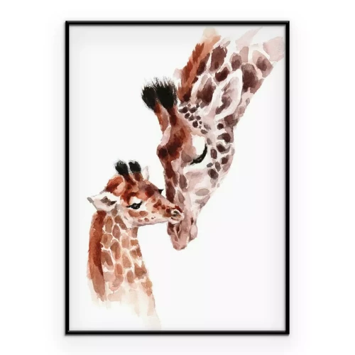 Poster Aquarellgemälde eines Giraffenbabys und seiner Mutter