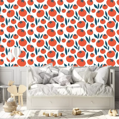 Tapete Grafische rote Tomaten und Blätter