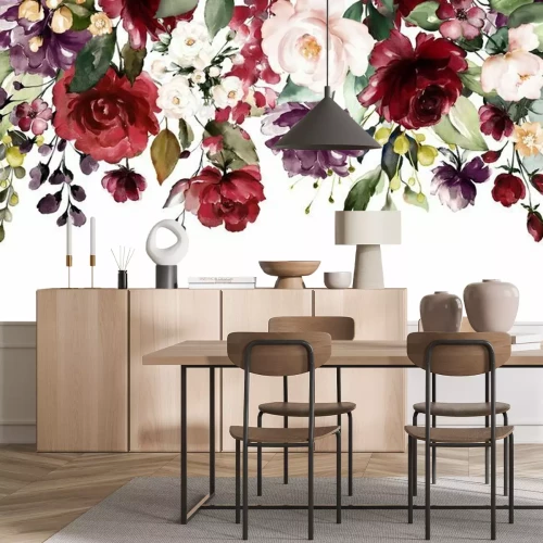 Fototapete Watercolor flowers. floral illustration, Leaf and buds. Botanic composition for wedding or greeting card. Border, branch of flowers - abstraction roses