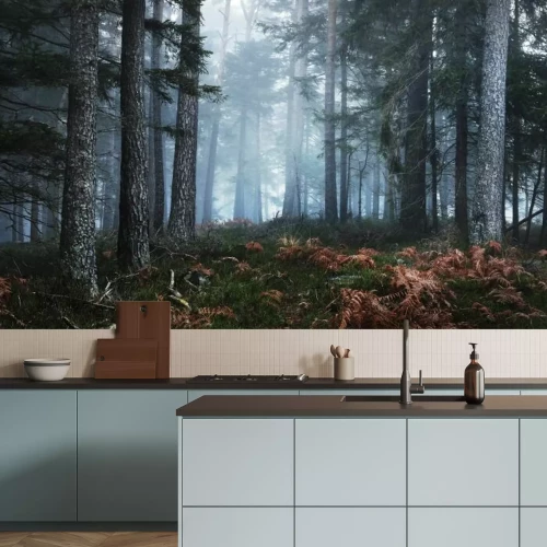 Fototapete Kiefernwald in Nebel-Landschaft