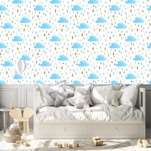 Tapete Seamless vector pattern with watercolor clouds and rain drops.