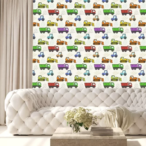 Tapete Cute kids seamless pattern with flat colorful industrial transport and abstract hand drawn shapes. Childish boys texture with cartoon dozer, tractor and dumper for textile, wrapping paper, wallpaper