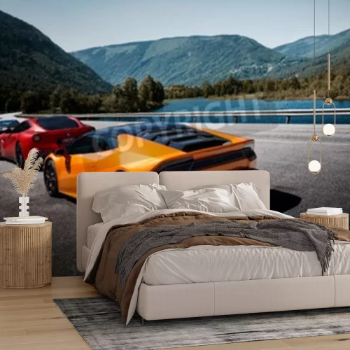 Fototapete Sportwagen auf einer Brücke mit Blick auf Fluss und Berge