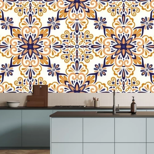 Sticker Ethnic style seamless pattern. Azulejo ceramic tile design. Zellige ornament. Talavera tracery motif. Portuguese, Spanish, Mexican, Brazilian folk print