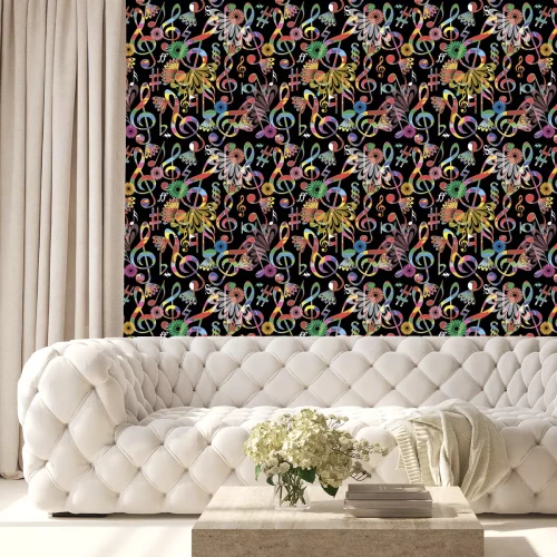 Tapete Music notes colorful vector seamless pattern. Musical symbols and signs background. Modern repeat treble clefs and notes backdrop. Floral design. Abstract trendy ornament with flowers. Ornate texture