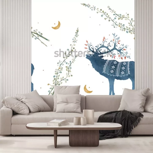 Sticker Tiere blaue Hirsche mit Blättern am Geweih und Mond
