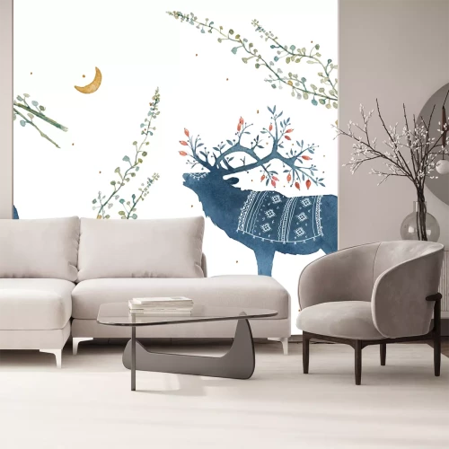 Sticker Tiere blaue Hirsche mit Blättern am Geweih und Mond