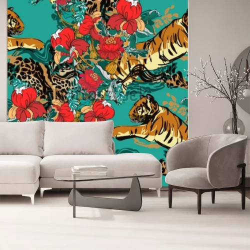 Sticker Tiger und rote Blumen grüner Hintergrund