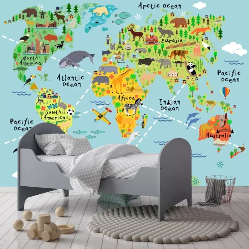 Fototapete Kinderweltkarte mit Tieren