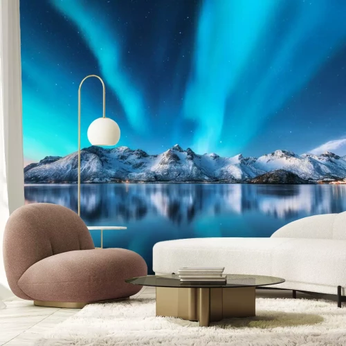 Fototapete Nordlicht über den Bergen Islands