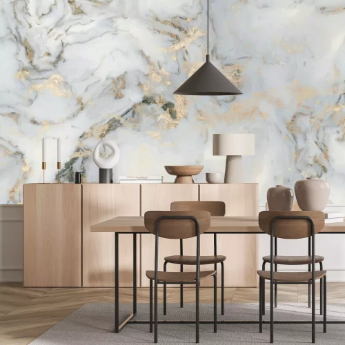 Fototapete Gelbe Partikel auf weißem Marmor