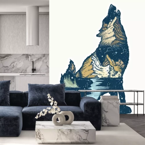 Sticker Silhouette eines Wolfs mit Berglandschaft gefüllt