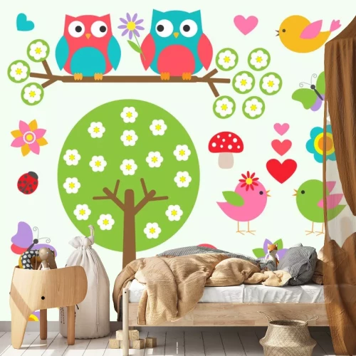 Sticker Vögel und Eulen im Frühjahr Wald. Vector set