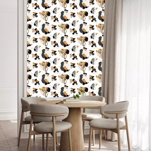 Tapete Hand drawn vector abstract creative graphic artistic illustrations seamless collage pattern with sketch elephant drawing and tropical palm leaves in tribal mottif isolated on white background