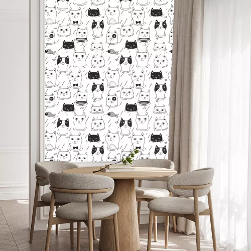 Tapete Black and white seamles pattern with cute cats in the pool.