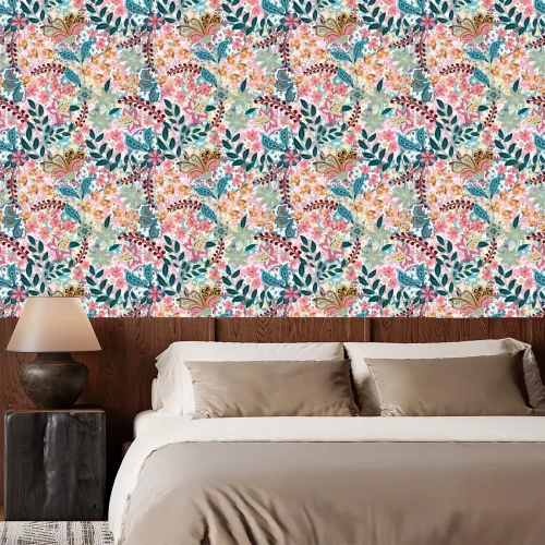 Tapete Bunte Blätter und Blumen im orientalischen Stil