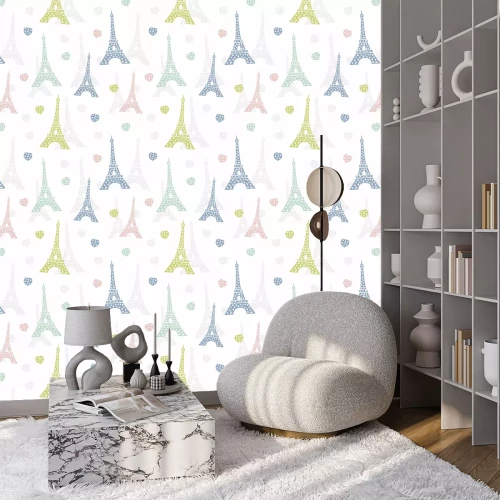 Tapete Seamless pattern Paris. French background with Eiffel Tower and hearts