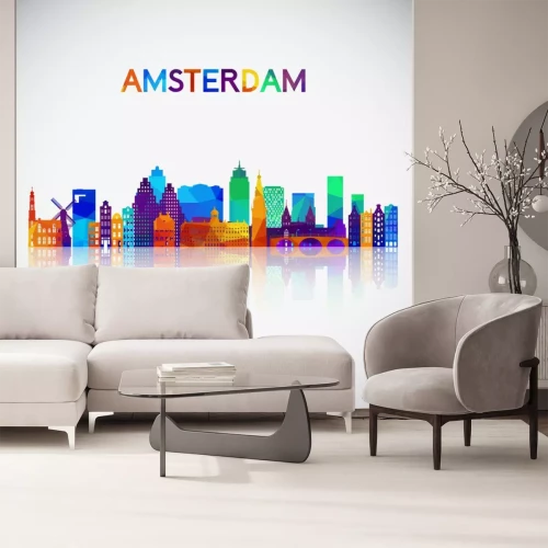 Sticker Amsterdam skyline silhouette in colorful geometric style. Symbol for your design. Vector illustration.