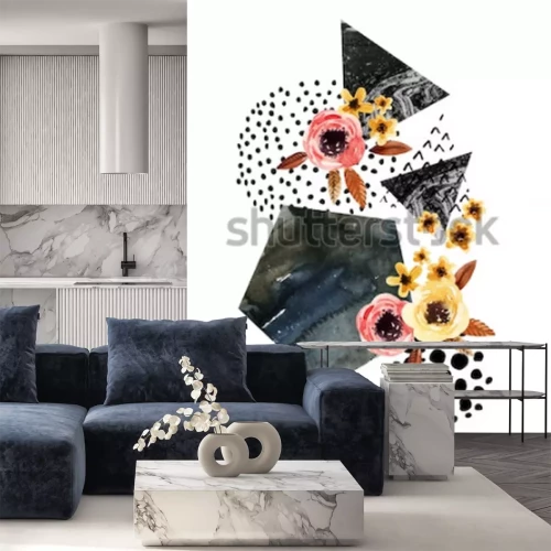 Sticker Herbsthintergrund: fallende Blätter, Blumen, geometrische Elemente. Aquarellillustration mit Blatt, Dreiecken, Marmor, Wasserfarbe, Gekritzelbeschaffenheiten für Falldesign. Handgemalte Aquarellkunst